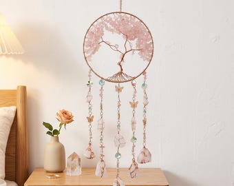 Tree of Life Crystal Dream Catcher, Wall Hanging Ornament,  Meditation Room Nightstand Sunlit Window Decor, Blank Wall Accent