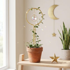 Crystal Suncatcher Plant Trellis with Celestial Design, Decorative Plant Support Stake for Houseplant Gift, Boho Window Botanical Accent image 1