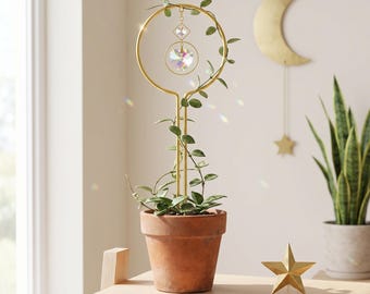 Crystal Suncatcher Plant Trellis with Celestial Design, Decorative Plant Support Stake for Houseplant Gift, Boho Window Botanical Accent