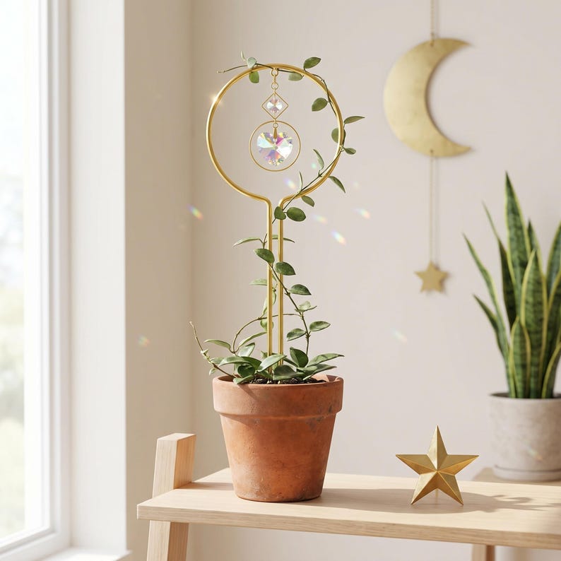 Crystal Suncatcher Plant Trellis with Celestial Design, Decorative Plant Support Stake for Houseplant Gift, Boho Window Botanical Accent image 1