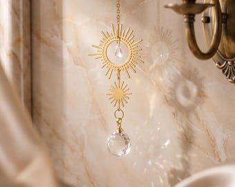Crystal Suncatcher with Celestial Sunburst Design, Window Hanging Decor, Housewarming Gift for Boho Home