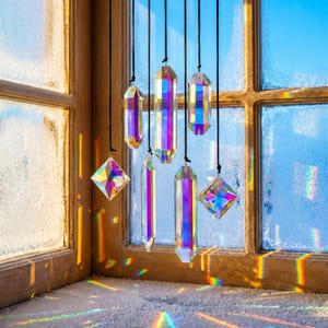 Crystal Suncatcher Set, Prism Window Hanging Decor, Rainbow Maker Gift, Light Catcher Home Accent, Ethereal Boho Celestial Style, Windows