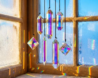Crystal Suncatcher Set, Prism Window Hanging Decor, Rainbow Maker Gift, Light Catcher Home Accent, Ethereal Boho Celestial Style, Windows