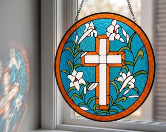 Cross Glass Hanging Ornament with Church Inspired Floral Design, Christian Gift for Window Decor and Prayer Room
