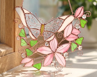 Butterfly Stained Glass Suncatcher, Floral Window Hanging Decor, Nature Gift for Home and Garden