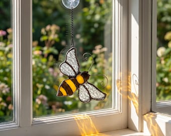 Stained Glass Bee Suncatcher, Bee Window Hanging Decor, Nature Lover Gift, Cottage Style Home Accent