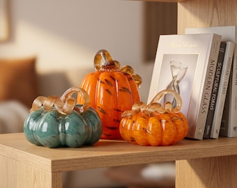 Glass Pumpkin Decor, Handmade Liuli Art Glass Pumpkin Figurine for Halloween Home Decor, Fall Table Centerpiece and Thanksgiving Gift