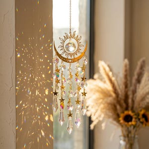 Crystal Suncatcher Moon and Sun Window Hanging, Celestial Decor Gift, Rainbow Maker for Boho Home and Garden,Living Rooms & Bedrooms