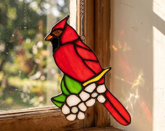 Cardinal Glass Hanging Ornament, Red Bird Window Decor, Bird Lover Gift, Nature Suncatcher for Cozy Home