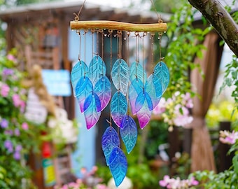 Glass Leaf Wind Chime, Botanical Suncatcher Hanging Decor, Garden Patio Gift, Nature Inspired Window Ornament, Stained Glass Porch Accent