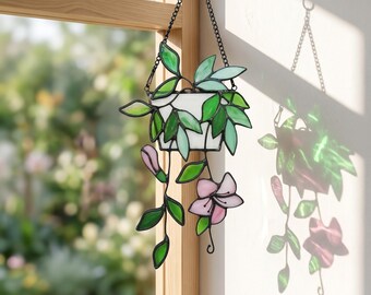Stained Glass Plant Suncatcher with Flower Design, Botanical Window Hanging Decor,Plant Lover Gift for Home and Garden,Trailing Floral Decor