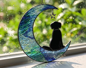 Dog Window Hanging, Crescent Moon Dog Suncatcher, Pet Lover Gift, Celestial Window Decor, Pet Memorial Ornament