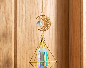 Crystal Suncatcher Prism Moon Hanging Ornament, Window Rainbow Maker, Celestial Decor Gift for Home Garden, Housewarming Birthday Present