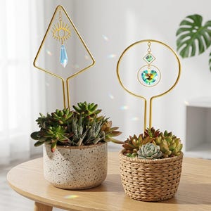 Crystal Suncatcher Plant Trellis with Celestial Design, Decorative Plant Support Stake for Houseplant Gift, Boho Window Botanical Accent image 2