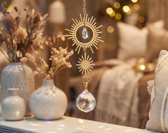 Crystal Sun Catcher with Galaxy Sunburst Design, Celestial Window Decor, Rainbow Light Hanging Ornament Gift, Room Accent, Birthday Gift