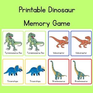 Może przedstawiać: Drukowana gra pamięciowa z dinozaurami, zawierająca kolorowe ilustracje różnych dinozaurów, w tym Tyrannosaurus Rex, Velociraptor, Triceratops i Brachiosaurus. Karty do gry są ułożone w siatkę, a każdy dinozaur pojawia się dwukrotnie.