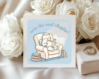 Simpatico biglietto di auguri con gatto per un nuovo capitolo, biglietto di auguri per amanti dei libri, divertente regalo di addio per la laurea, biglietto di incoraggiamento per lettori, studenti e amici