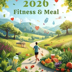 May include: An illustrated scene with the text "2026 Fitness & Meal" features a person running on a path through a green landscape. The path is lined with fruits and vegetables. Health-related icons and hearts are scattered throughout the image.