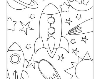 May include: Black and white line art illustration of a space-themed scene. The image features rockets, planets, stars, a sun, and a comet. The design is suitable for coloring or as a graphic element.