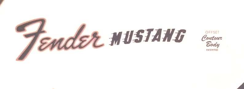 May include: The Fender Mustang logo in a stylized font, with the word "Mustang" appearing to be in motion. The words "Offset Contour Body" and "Patented" are also visible.