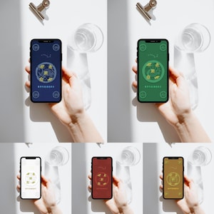 Peut inclure: Plusieurs smartphones affichant différents designs. Chaque téléphone présente une couleur de fond différente, notamment le bleu, le vert, le blanc, le rouge et l'or. Les écrans affichent des graphiques circulaires avec des motifs et du texte, tenus par une main.