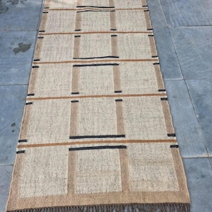 Alfombra Kilim de yute y lana tejida a mano: Dhurrie de tejido plano estilo bohemio (3 x 5 pies)