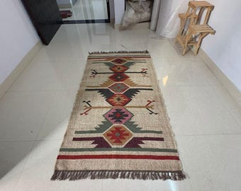 Bohemian Area Rug Handwoven Wool Jute Kilim Rug, Flatweave Dhurrie, Natural Fiber Tribal Design 3x5 Living Room Rug