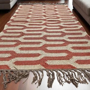 Handmade Wool Jute Kilim Rug, Red Beige Checkerboard Hallway Runner