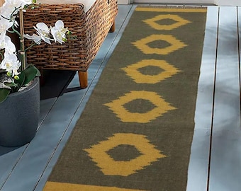 Handwoven Wool Jute Kilim Runner Rug,Modern Geometric Design Dhurrie Rug,Vintage Southwestern Runner-Rug