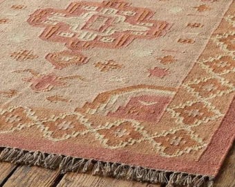 Handmade Kilim Dhurrie Rug, Wool and Jute, Indian Rug (5x8 ft)
