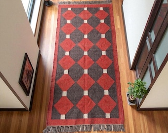 Red Kilim Rug: Handwoven Geometric Wool & Jute Rug, Traditional Indian Dhurrie, Flatweave Custom Sizes
