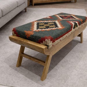 Vintage Ottoman Kilim Pattern Bench, Folding Boho Wooden Ottoman Seat, Funky Entryway Furniture, Upholstered Turkish Accent