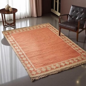 Farmhouse Kilim Rug 5x8, Handmade Rugs Wool Jute, Terracotta Rug Living Room Rug, Cozy Fall Decor Textured Floor Rug