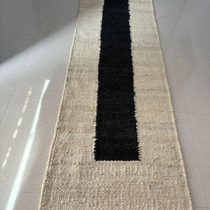Handwoven Jute Runner Rug, Black Stripe Hallway Accent, Natural Fiber Home Decor