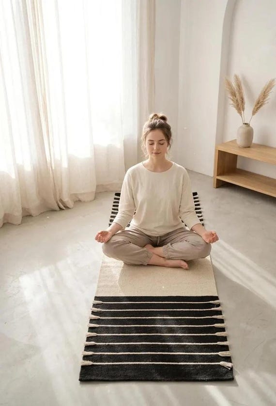 Yoga Rug XL Handwoven Organic Cotton, Natural Herbal Non-Slip Meditation Floor Mat, Yoga Carpet Cotton Travel, Yoga Rug Long