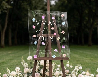 Cartello di benvenuto floreale in acrilico per matrimoni, cartello personalizzato per matrimoni, idea regalo per decorazioni nuziali in giardino.