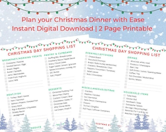 Può includere: Un elenco della spesa stampabile di due pagine per la cena di Natale. L'elenco è diviso in categorie come colazione, dispensa, carne, dessert e bevande. La parte superiore della pagina contiene il testo "Pianifica la tua cena di Natale con facilità" e "Download digitale istantaneo".