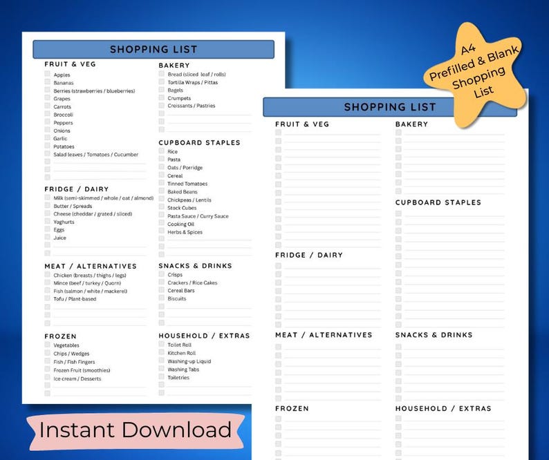 UK Grocery List Printable | Prefilled Weekly Shopping Essentials