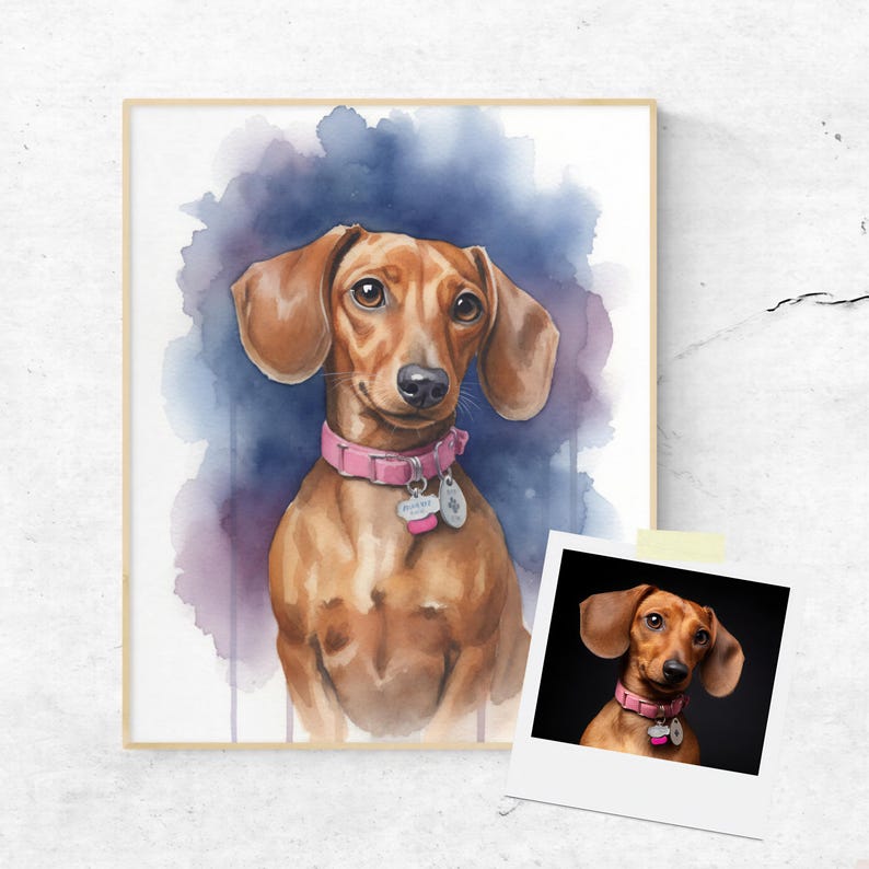 May include: Watercolor painting of a brown dachshund dog with a pink collar and name tag. The dog is set against a blue and purple watercolor background. A smaller polaroid-style photo of the dog is also included.