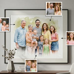 May include: A framed watercolor portrait of a family, featuring multiple generations. The artwork includes individual photo inserts of each person. The painting has a soft, blended style with a green watercolor wash background.