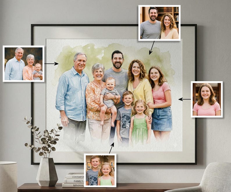 May include: A framed watercolor portrait of a family, featuring multiple generations. The artwork includes individual photo inserts of each person. The painting has a soft, blended style with a green watercolor wash background.