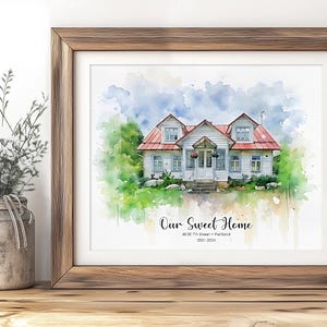 May include: Watercolor print of a white house with a red roof, framed in wood. The artwork features the text "Our Sweet Home" and the address "48 SE 7th Street &bull; Portland 2021-2024". The house is surrounded by green foliage and a blue sky.