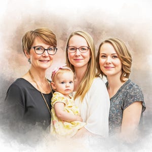May include: A watercolor-style portrait of four people: an older woman, two younger women, and a baby. The older woman wears glasses and a black top. The baby is held by one of the younger women and wears a yellow dress. The other younger woman also wears glasses.