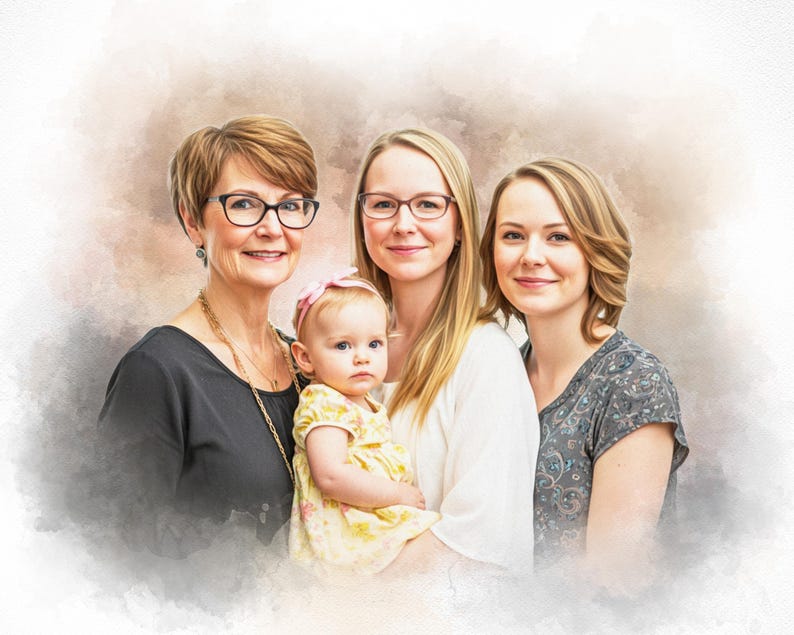 May include: A watercolor-style portrait of four people: an older woman, two younger women, and a baby. The older woman wears glasses and a black top. The baby is held by one of the younger women and wears a yellow dress. The other younger woman also wears glasses.