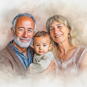 May include: A watercolor-style portrait of a family: a smiling older man with glasses, a smiling older woman, and a baby. The man wears a brown sweater over a blue shirt. The woman wears a light pink top and gold jewelry. The baby is in a gray sweater.
