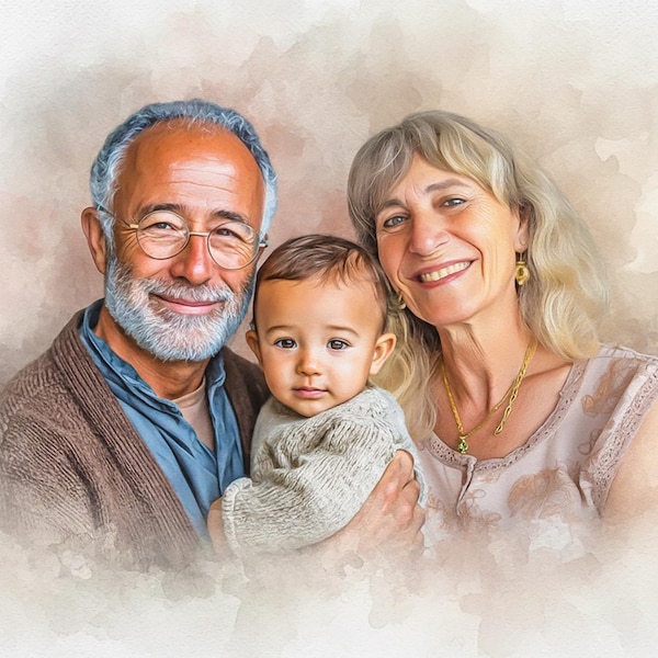 Realistische samenvoeging van verschillende foto's, overleden geliefde toevoegen aan foto, iemand van foto verwijderen, aquarel familieportret, herdenkingscadeau