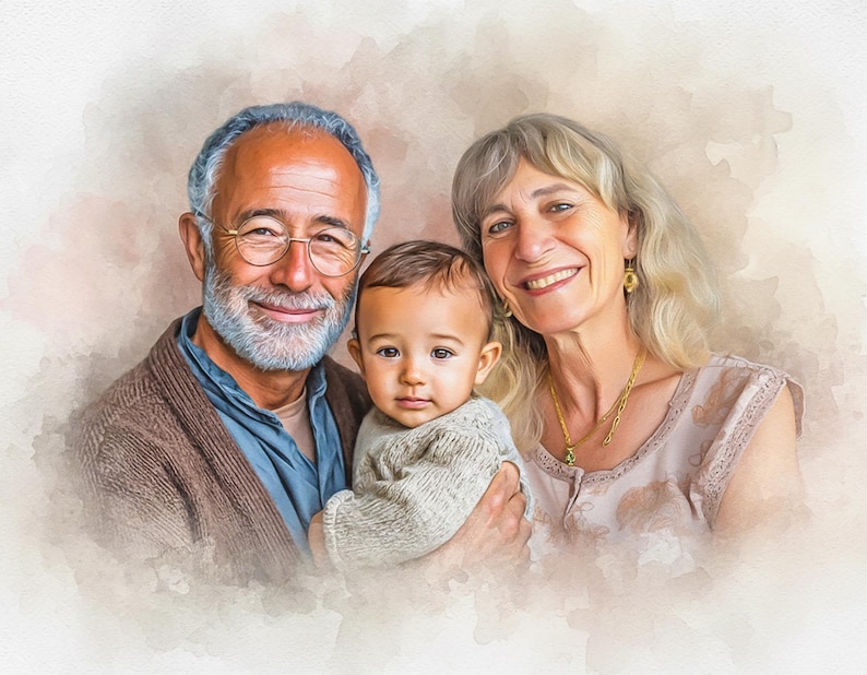 May include: A watercolor-style portrait of a family: a smiling older man with glasses, a smiling older woman, and a baby. The man wears a brown sweater over a blue shirt. The woman wears a light pink top and gold jewelry. The baby is in a gray sweater.
