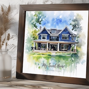 May include: A framed watercolor print of a blue house with a white porch, surrounded by green trees and grass. The print is in a dark brown wooden frame. The text "My Sweet Home" and address are at the bottom of the print.