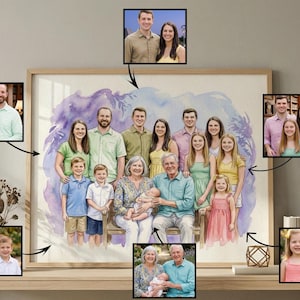 May include: A framed watercolor portrait of a large family, with individual portraits of family members surrounding the main image. The main portrait features a group of people of all ages, with a soft, colorful background.