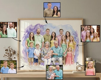 Custom Watercolor Family Portrait from Photos, Combined Generational Artwork, Memorial Gift, Fathersday Gift